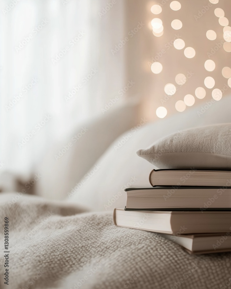 Poster close-up of a stack of books on a bed. the books are neatly arranged on top of each other, with the 