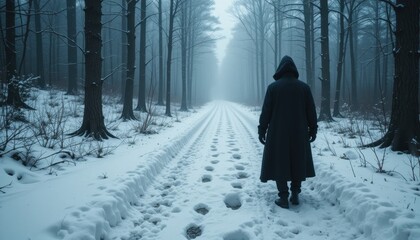 Mysterious figure walking through a snowy forest path winter landscape cinematic scene eerie mood close-up perspective