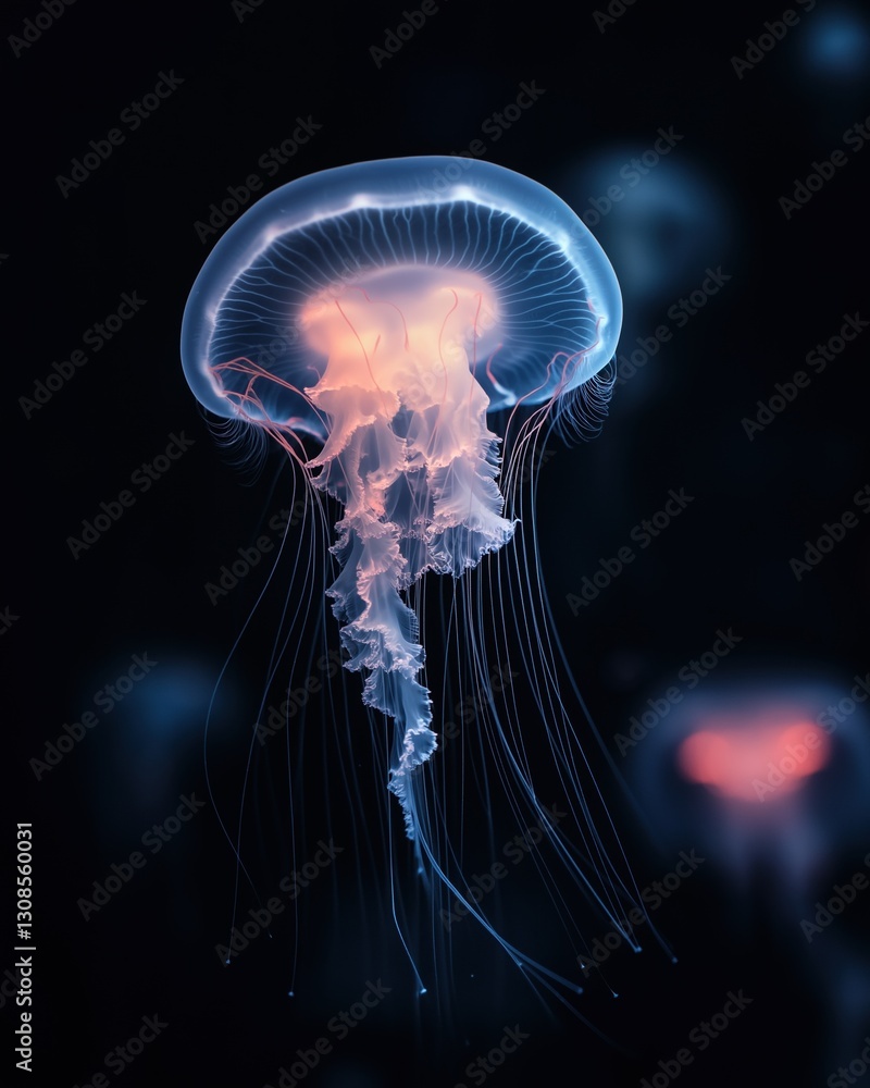 Aufkleber close-up of a jellyfish floating in the dark. the jellyfish has a long, slender body with a round he