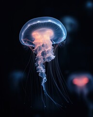 Fototapeta premium Close-up of a jellyfish floating in the dark. the jellyfish has a long, slender body with a round head and a long tail that extends upwards towards the top of the image.
