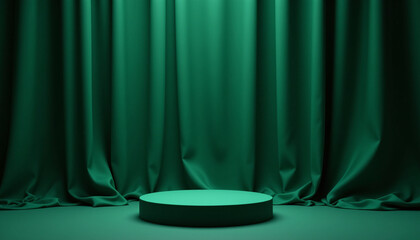 vibrant green display podium with flowing curtains creates stylish backdrop