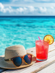Tropical Relaxation: A refreshing beverage alongside sunglasses and a straw hat invites to unwind near the calm, blue ocean under a bright sky