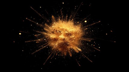 Golden explosion of dust particles radiating outward on black background.