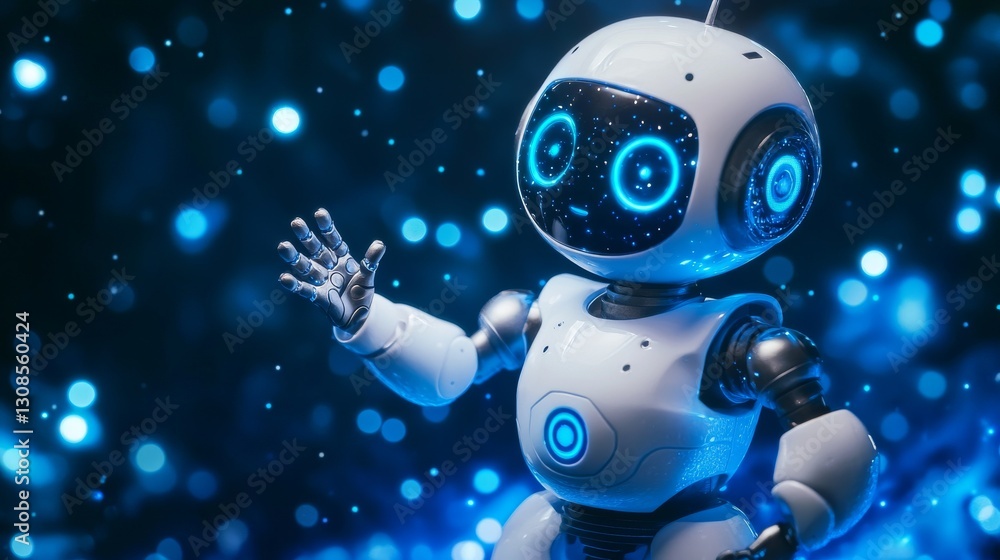 Poster a friendly humanoid robot with glowing blue lights and a sleek white design waves in a futuristic se