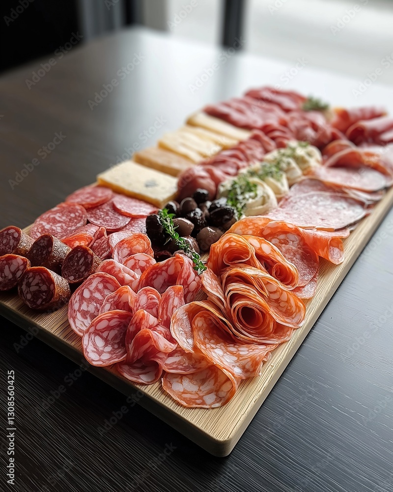 Poster wooden platter of different types of meats and cheeses arranged in an aesthetically pleasing manner.