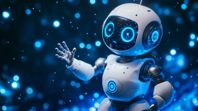 A friendly humanoid robot with glowing blue lights and a sleek white design waves in a futuristic setting with a vibrant, sparkling blue background, symbolizing advanced AI and innovation.. AI