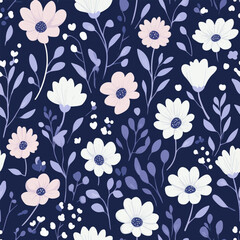 White flowers with purple leaves on a navy blue background, watercolor flower seamless pattern. Watercolor print in rustic vintage style, textile or wallpapers.