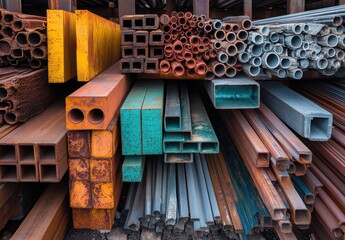 Colorful Arrangement of Various Metal Pipes and Shapes in a Storage Yard, Displaying Textures and Patterns of Rust and Colorful Coatings