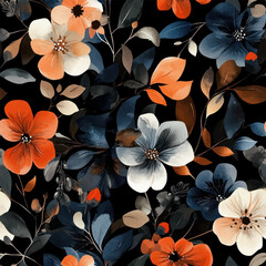Various shades of navy, orange, and white on a black background,  watercolor flower seamless pattern. Watercolor print in rustic vintage style, textile or wallpapers.