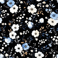 Black background with white and blue flowers, watercolor flower seamless pattern. Watercolor print in rustic vintage style, textile or wallpapers.