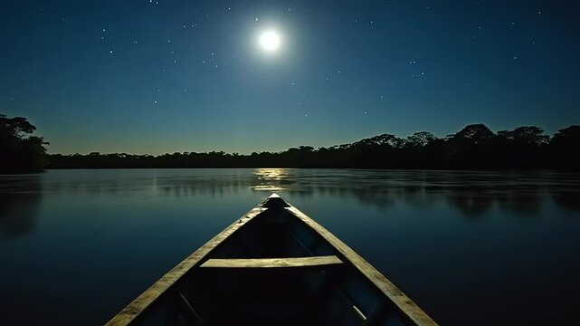 A serene night scene on a river, illuminated by moonlight with a canoe in the foreground.