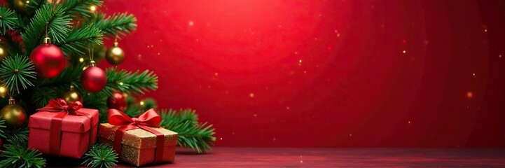 Rich red backdrop, fir branches, wrapped gifts, festive ornaments , christmas gifts, fir, tree