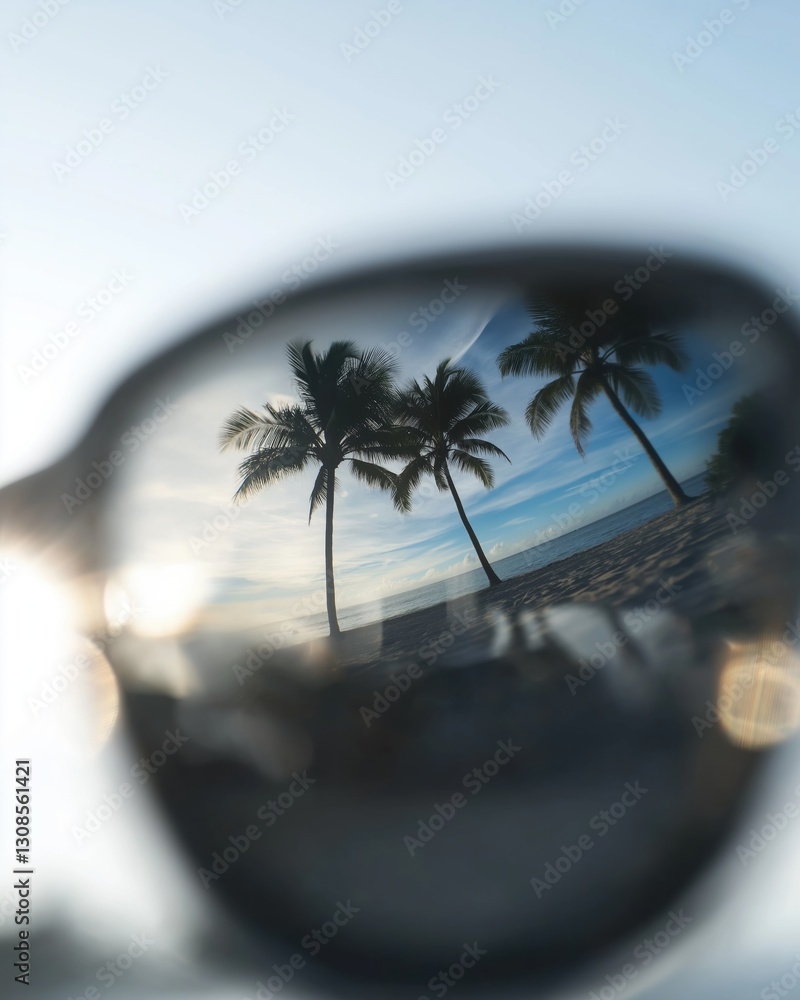 Poster close-up of a pair of sunglasses with a reflection of three palm trees on the lenses. the sunglasses