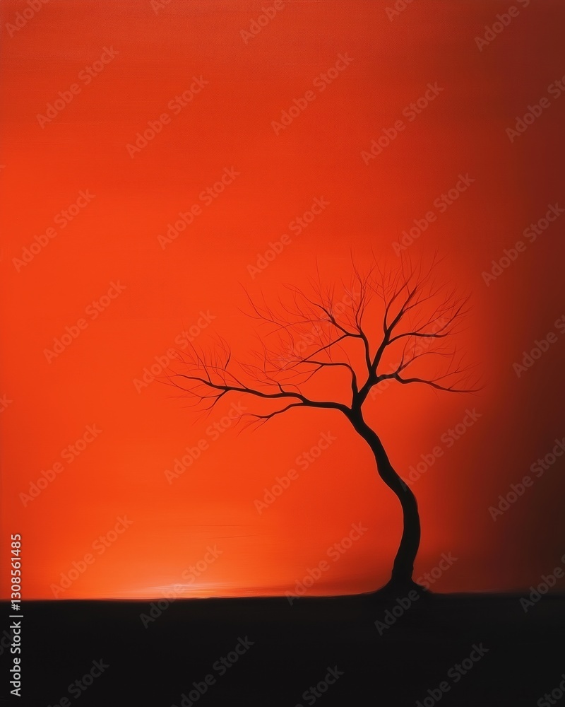 Poster photograph of a single tree with no leaves. the tree is standing alone on a flat surface, with its t