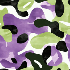 Purple, black, and green camouflage pattern,  Watercolor print in rustic vintage style, textile or wallpapers.