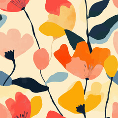 Abstract floral pattern with large, flat shapes in various colors on a cream background.  Watercolor print in rustic vintage style, textile or wallpapers.