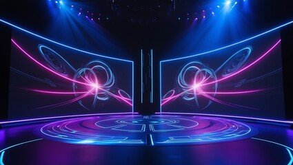 Background of empty stage show. Neon light and laser show. Laser futuristic shapes on a dark background