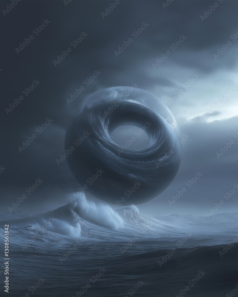 Aufkleber digital art piece that appears to be a surreal landscape. it shows a large, spherical object that is