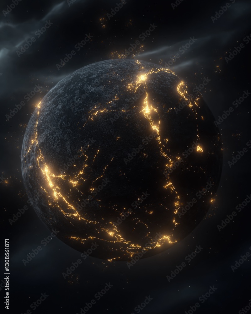 Poster digital illustration of a planet in outer space. the planet appears to be a dark grey color with a r