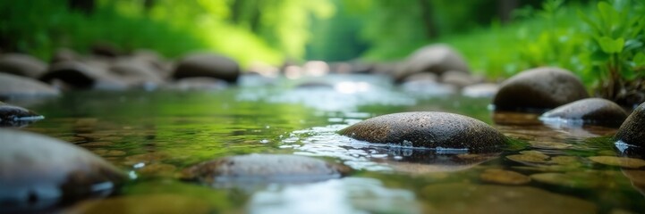 Rounded river stones partially submerged, shallow water Soft focus background of lush greenery , wet, calm