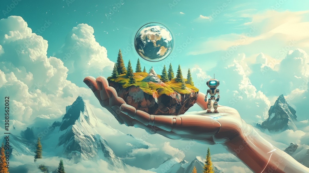 Poster digital art featuring a robot's hand presenting a floating island with lush greenery and a globe, sy