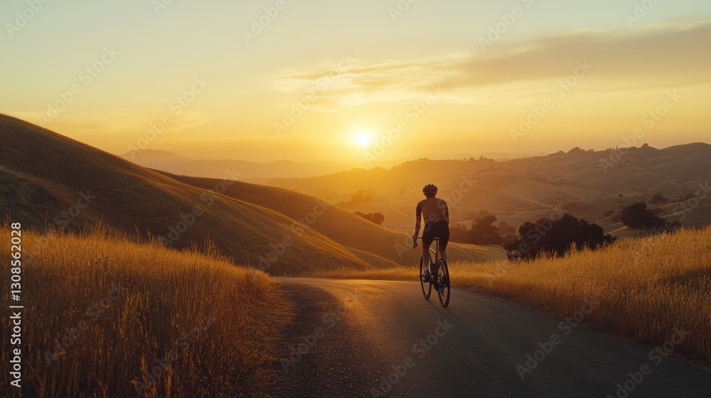 Poster cyclist navigates rolling hills at sunset with golden hues in the sky generative ai