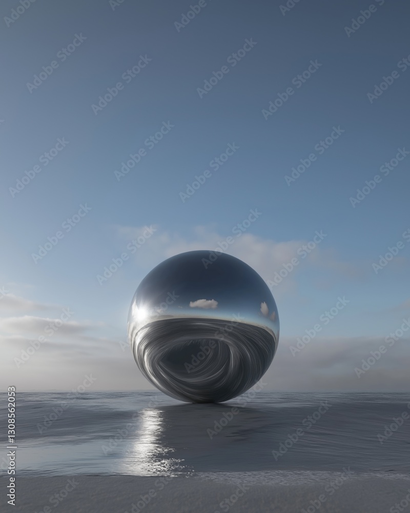 Poster digital art piece that appears to be a photograph of a spherical object floating on the surface of t