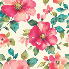 Vintage-style pink and red flowers on a cream background, watercolor flower seamless pattern. Watercolor print in rustic vintage style, textile or wallpapers.