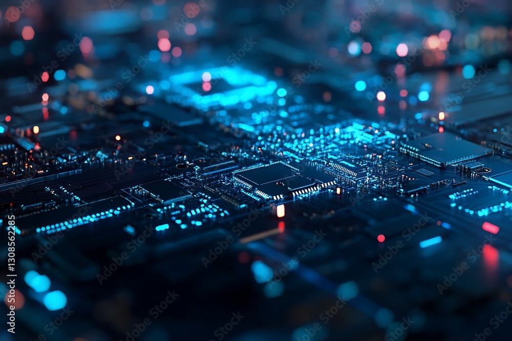 Poster close-up of a complex circuit board with glowing blue components.