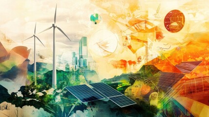 Obraz premium Vibrant depiction of renewable energy showcasing wind turbines and solar panels amidst a colorful landscape with city skyline