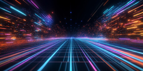 3d abstract technology glowing neon fast speed light background, empty space scene, reflection...