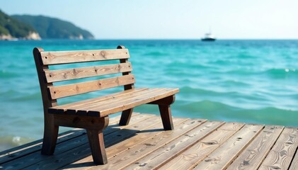 Old wooden bench sits on a wooden dock by the sea , wood, relaxation