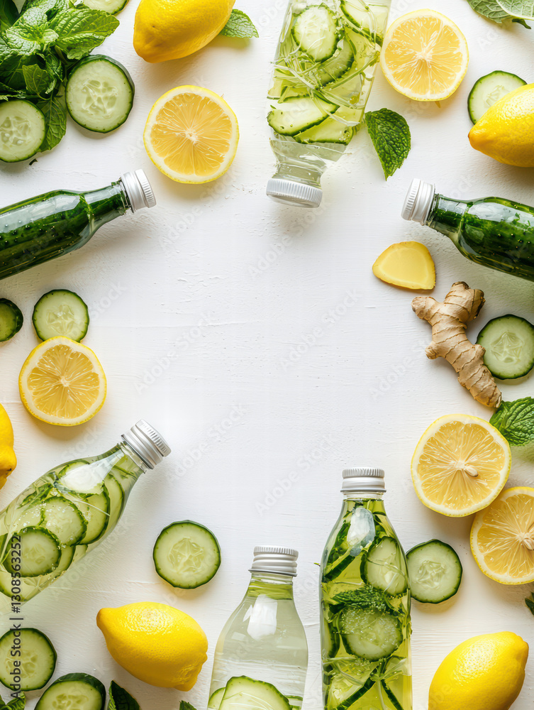 Poster refreshing hydration: a refreshing assortment of detox water with cucumber and lemon slices, adorned