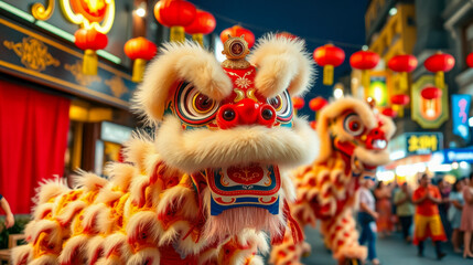Traditional Chinese lion dance performance