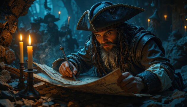 Pirate planning an expedition hidden cave adventure illustration dark and mysterious environment close-up view treasure concept