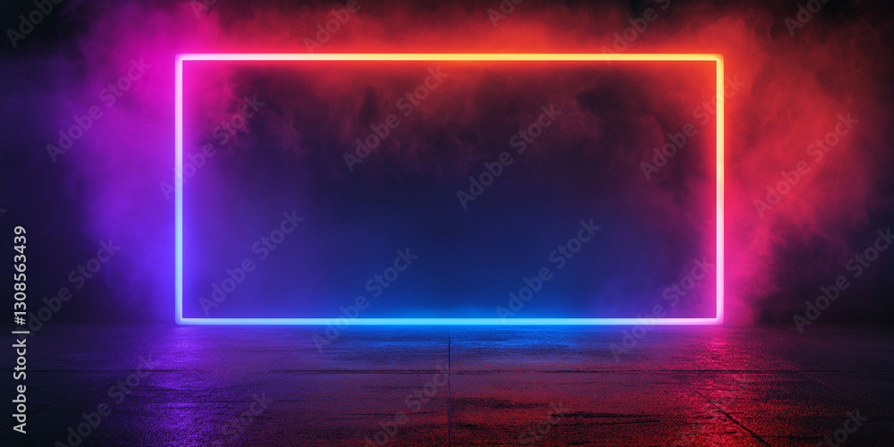 Poster abstract blue and red glowing neon rectangles in empty concrete room with shiny reflective floor and