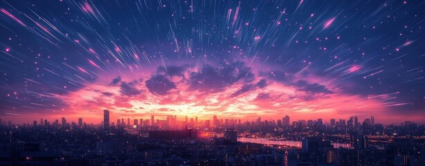 Obraz premium Anime Cityscape Shooting Stars over Sunset, Anime, Cityscape