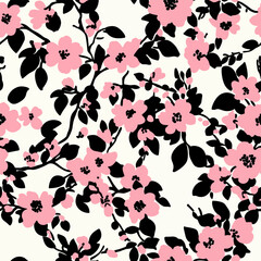 Pink and black floral pattern with a white background, watercolor flower seamless pattern. Watercolor print in rustic vintage style, textile or wallpapers.