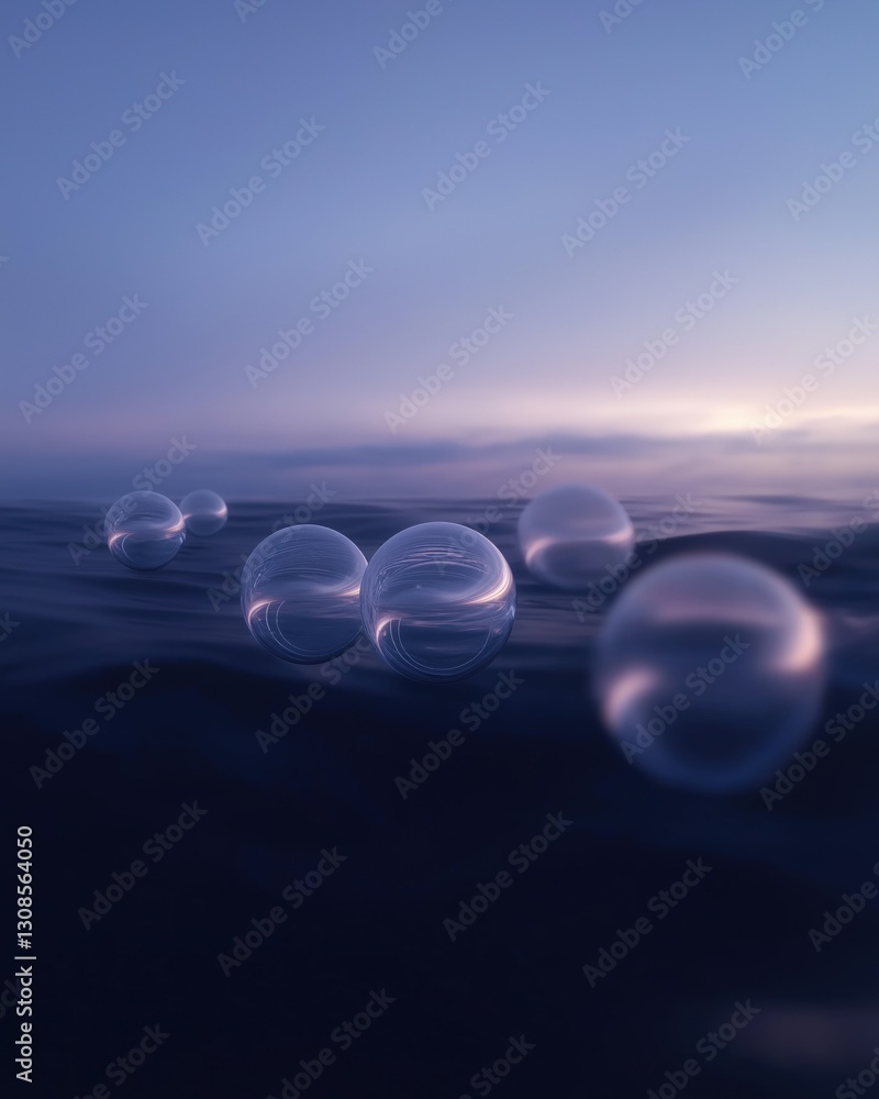 Poster group of six bubbles floating on the surface of the water. the bubbles are of different sizes and sh