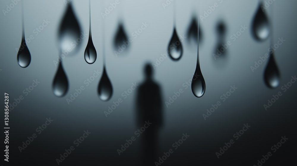 Poster black and white photograph of a group of raindrops hanging from strings. the raindrops are of differ