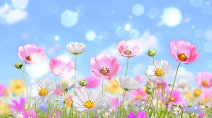 Pink and White Cosmos Flowers in a Field Under a Blue Sky