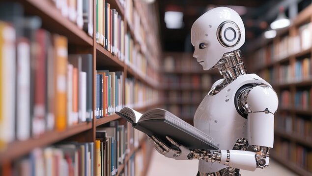 Photo of an AI robot holding and reading a book in a library, with shelves filled with books in the background. 