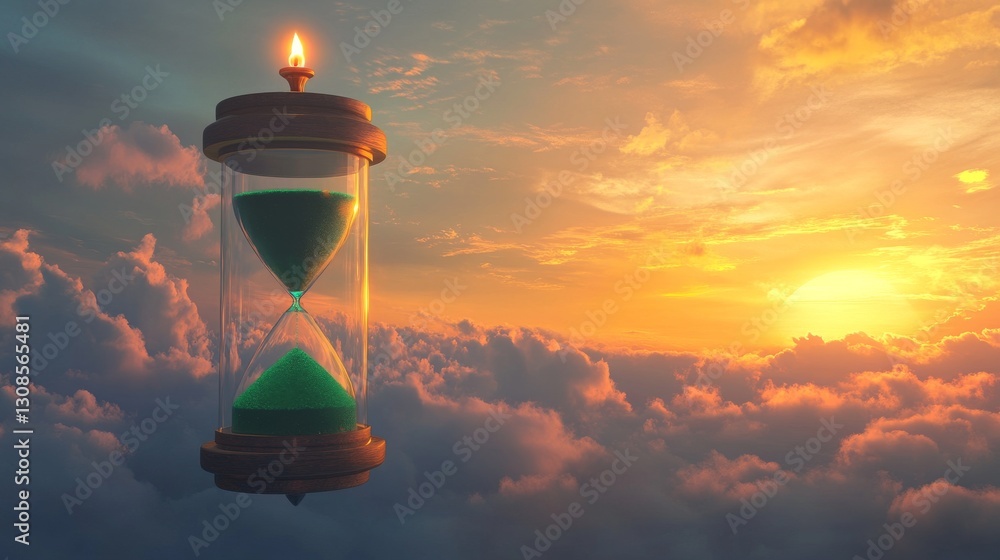 Poster a glowing hourglass with vivid green sand floats elegantly in the sky, surrounded by warm sunset clo
