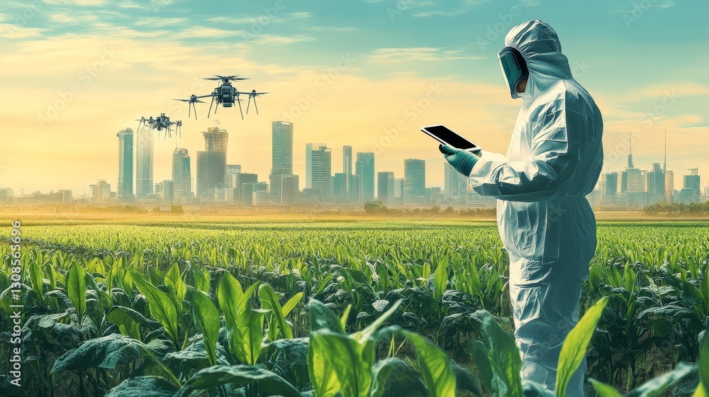 Poster a person in protective clothing uses a tablet to monitor farming operations while drones hover above