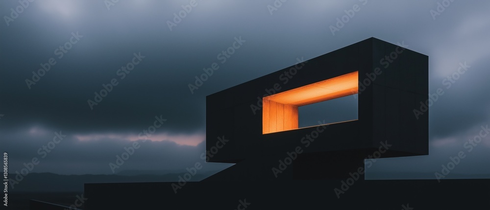 Poster photograph of a modern building with a square-shaped structure. the building appears to be made of c