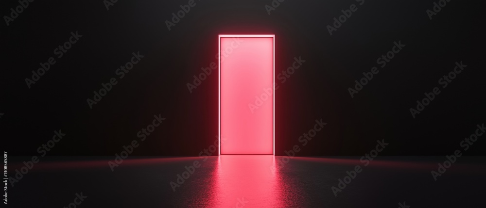 Poster 3d rendering of an open door in a dark room. the door is in the center of the image and is lit up wi