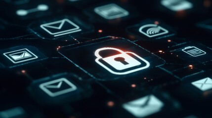 A glowing cybersecurity lock icon in a digital grid structure, emphasizing data safety, surrounded by network symbols and illuminated connections on a sleek dark background.. AI Generation