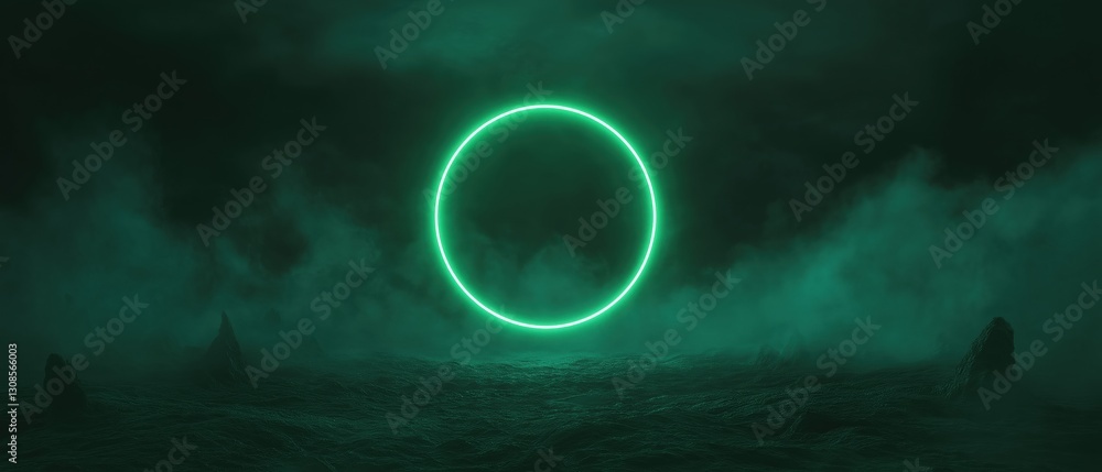 Poster digital illustration of a dark and eerie scene. the background is a dark, foggy landscape with a lar