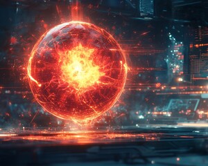 Obraz premium Glowing Orb in Futuristic Cityscape