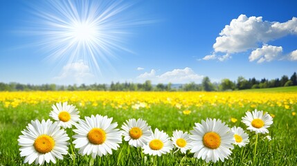 Obraz premium Vibrant Yellow And White Daisies In Sunny Field
